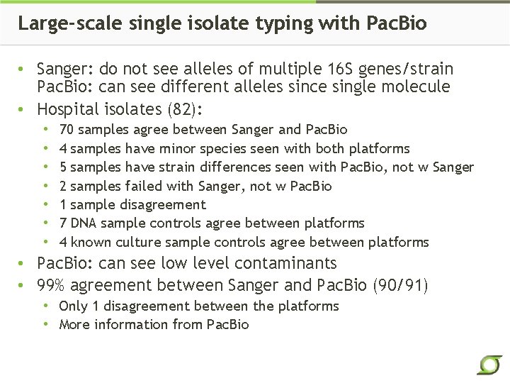 Large-scale single isolate typing with Pac. Bio • Sanger: do not see alleles of