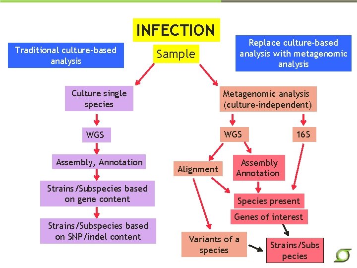 INFECTION Traditional culture-based analysis Sample Culture single species Metagenomic analysis (culture-independent) WGS Assembly, Annotation