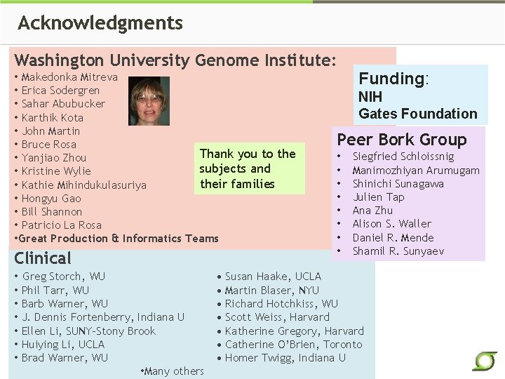 Acknowledgments Washington University Genome Institute: • Makedonka Mitreva • Erica Sodergren • Sahar Abubucker