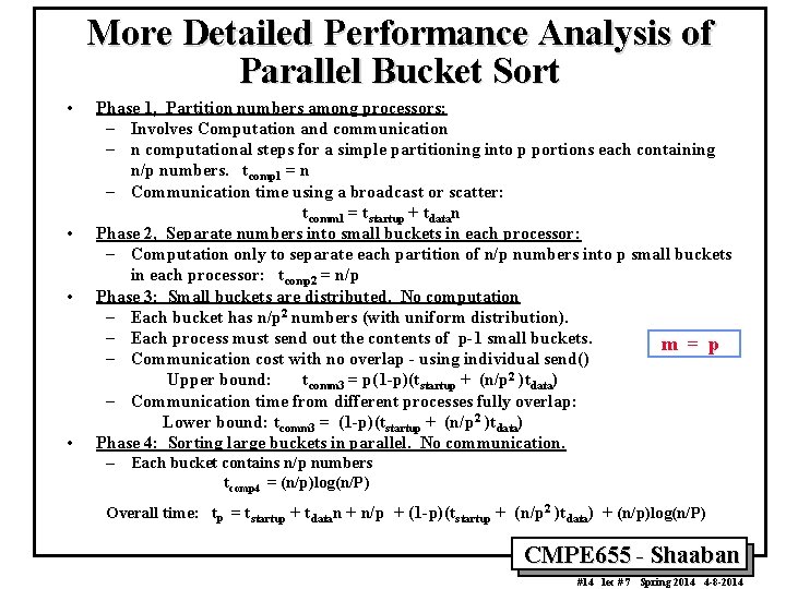 More Detailed Performance Analysis of Parallel Bucket Sort • • Phase 1, Partition numbers