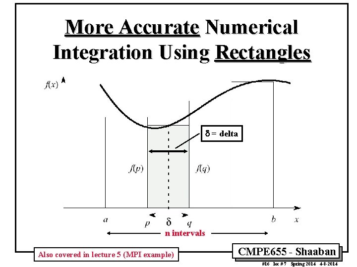 More Accurate Numerical Integration Using Rectangles d = delta n intervals Also covered in