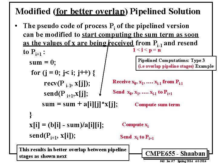 Modified (for better overlap) Pipelined Solution • The pseudo code of process Pi of