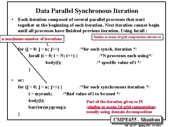 Data Parallel Synchronous Iteration • Each iteration composed of several parallel processes that start