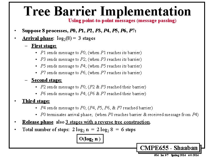 Tree Barrier Implementation Using point-to-point messages (message passing) • • Suppose 8 processes, P