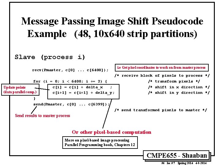 Message Passing Image Shift Pseudocode Example (48, 10 x 640 strip partitions) Slave (process