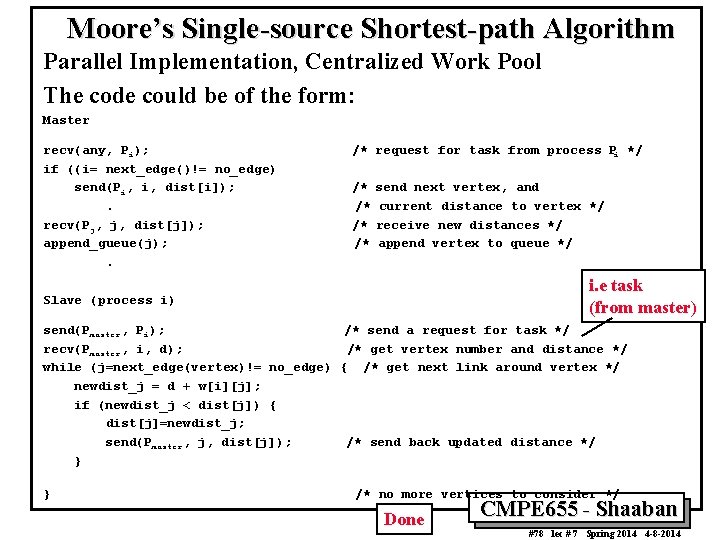 Moore’s Single-source Shortest-path Algorithm Parallel Implementation, Centralized Work Pool The code could be of
