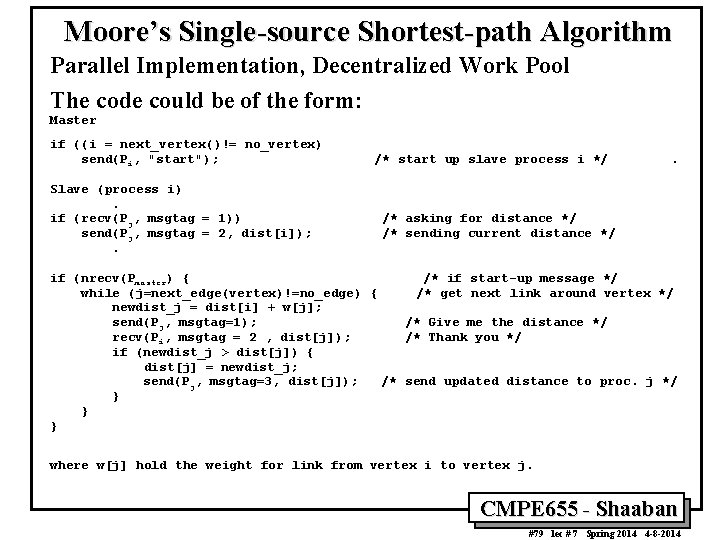 Moore’s Single-source Shortest-path Algorithm Parallel Implementation, Decentralized Work Pool The code could be of