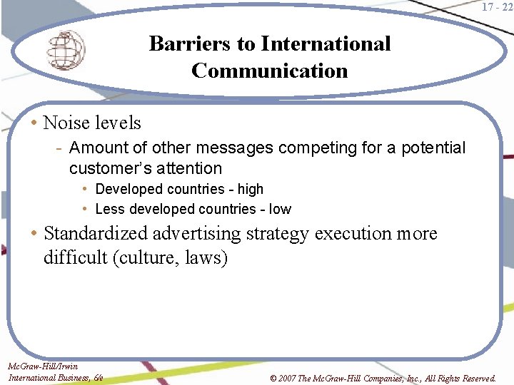 17 - 22 Barriers to International Communication • Noise levels - Amount of other