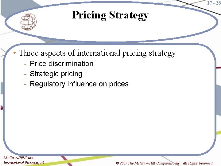 17 - 28 Pricing Strategy • Three aspects of international pricing strategy - Price
