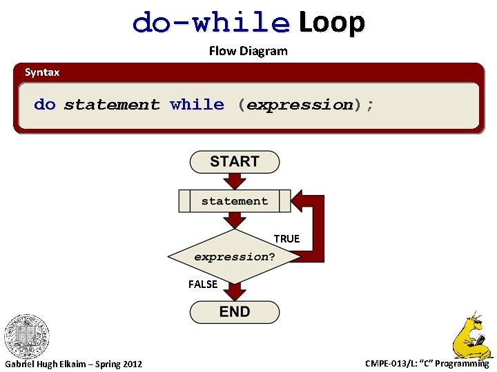 do-while Loop Flow Diagram Syntax do statement while (expression); TRUE FALSE Gabriel Hugh Elkaim