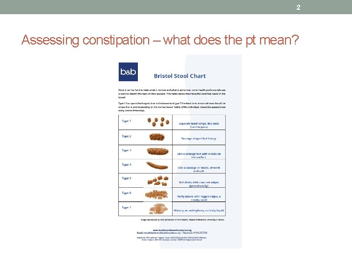 2 Assessing constipation – what does the pt mean? 