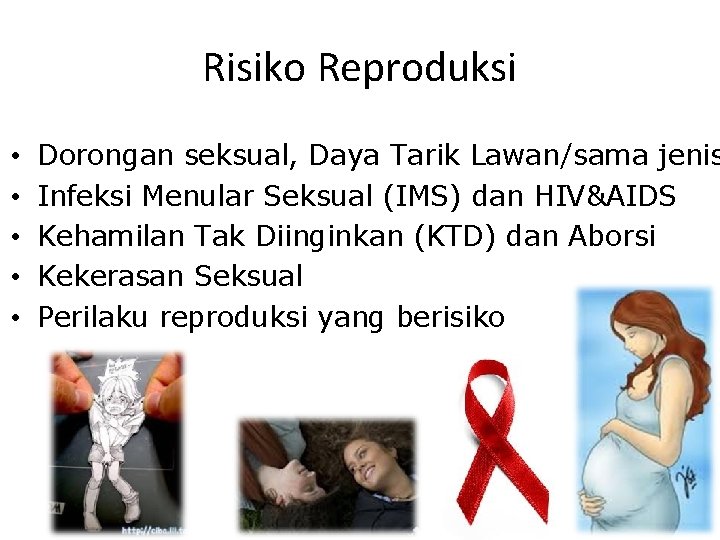 Risiko Reproduksi • • • Dorongan seksual, Daya Tarik Lawan/sama jenis Infeksi Menular Seksual