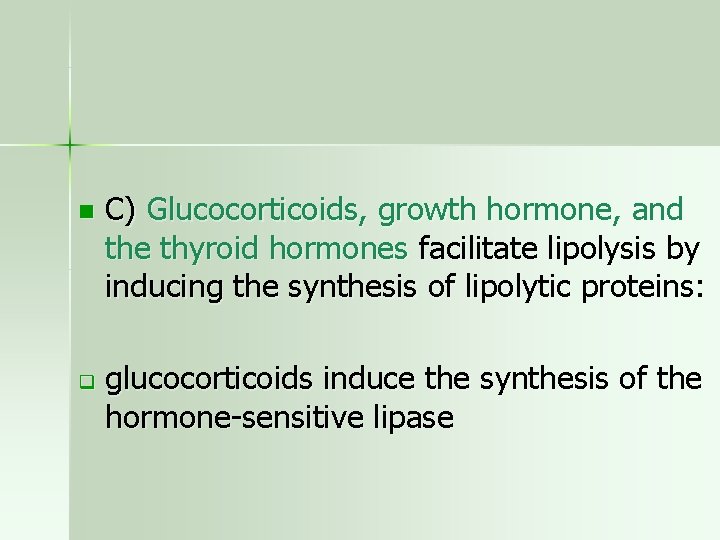 n q C) Glucocorticoids, growth hormone, and the thyroid hormones facilitate lipolysis by inducing