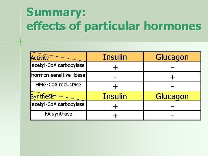 Summary: effects of particular hormones Activity acetyl-Co. A carboxylase hormon-sensitive lipase HMG-Co. A reductase