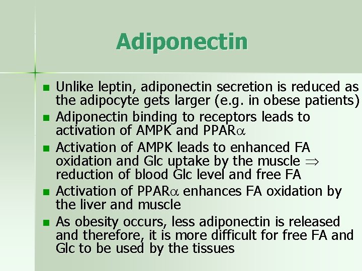 Adiponectin n n Unlike leptin, adiponectin secretion is reduced as the adipocyte gets larger