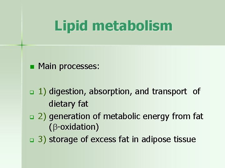 Lipid metabolism n q q q Main processes: 1) digestion, absorption, and transport of