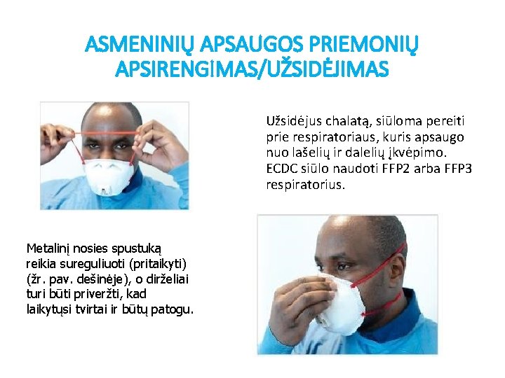 ASMENINIŲ APSAUGOS PRIEMONIŲ APSIRENGIMAS/UŽSIDĖJIMAS Užsidėjus chalatą, siūloma pereiti prie respiratoriaus, kuris apsaugo nuo lašelių