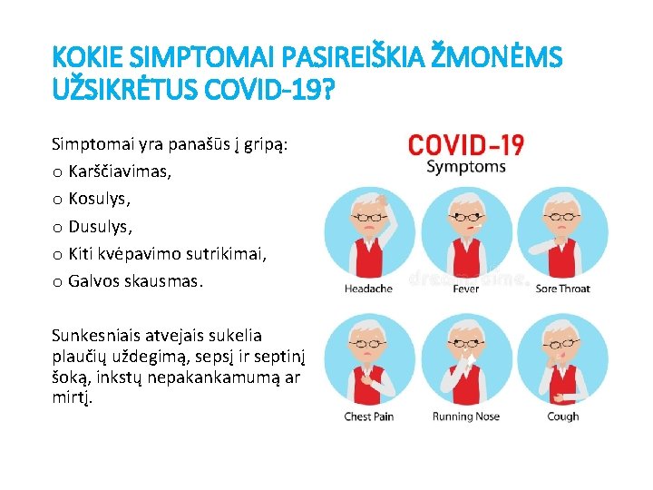 KOKIE SIMPTOMAI PASIREIŠKIA ŽMONĖMS UŽSIKRĖTUS COVID-19? Simptomai yra panašūs į gripą: o Karščiavimas, o