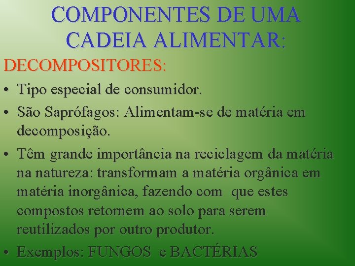 COMPONENTES DE UMA CADEIA ALIMENTAR: DECOMPOSITORES: • Tipo especial de consumidor. • São Saprófagos: