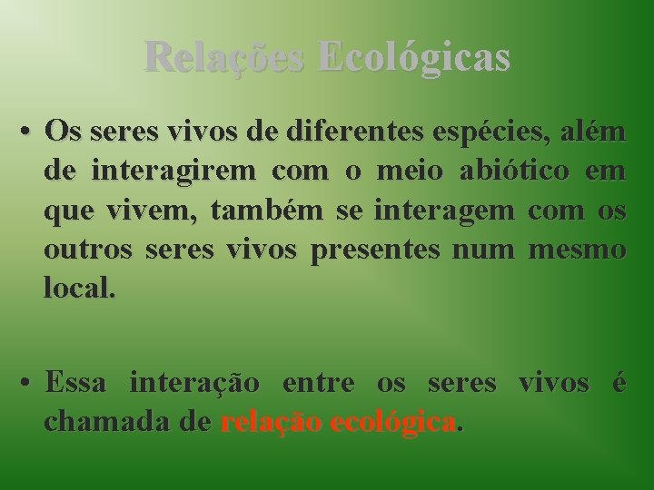 Relações Ecológicas • Os seres vivos de diferentes espécies, além de interagirem com o