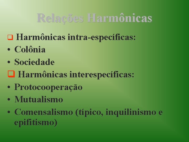 Relações Harmônicas q Harmônicas intra-específicas: • Colônia • Sociedade q Harmônicas interespecíficas: • Protocooperação