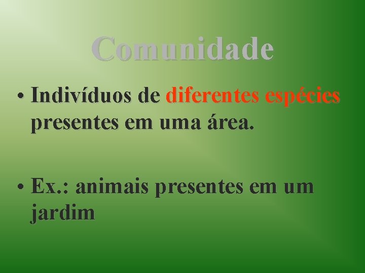 Comunidade • Indivíduos de diferentes espécies presentes em uma área. • Ex. : animais