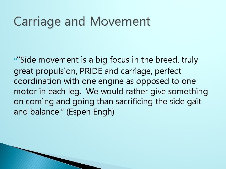 Carriage and Movement “Side movement is a big focus in the breed, truly great