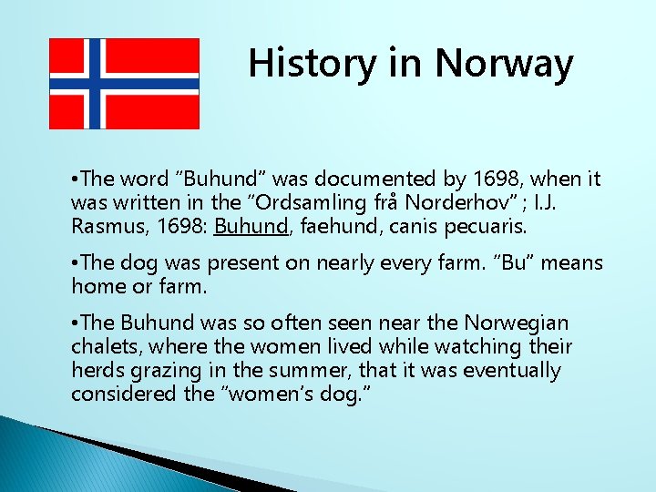 History in Norway • The word “Buhund” was documented by 1698, when it was