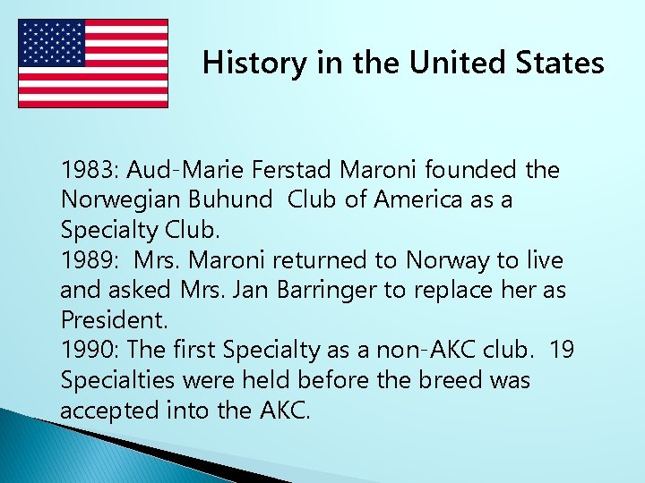 History in the United States 1983: Aud-Marie Ferstad Maroni founded the Norwegian Buhund Club