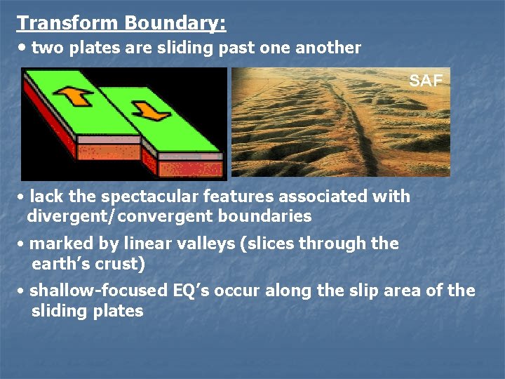 Transform Boundary: • two plates are sliding past one another SAF • lack the
