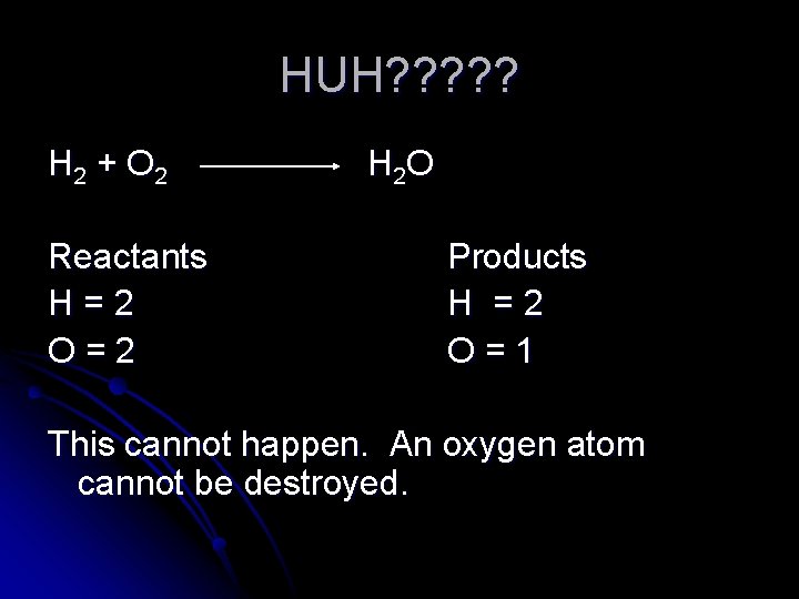 HUH? ? ? H 2 + O 2 Reactants H=2 O=2 H 2 O