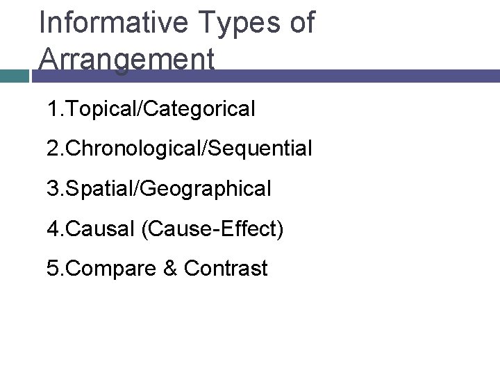 Informative Types of Arrangement 1. Topical/Categorical 2. Chronological/Sequential 3. Spatial/Geographical 4. Causal (Cause-Effect) 5.