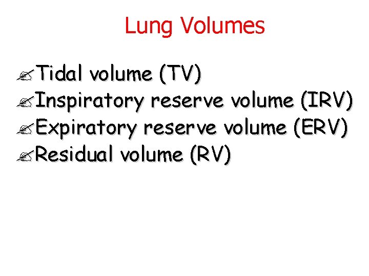 Lung Volumes Tidal volume (TV) Inspiratory reserve volume (IRV) Expiratory reserve volume (ERV) Residual