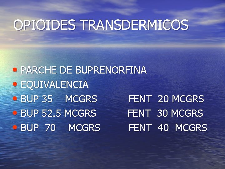 OPIOIDES TRANSDERMICOS • PARCHE DE BUPRENORFINA • EQUIVALENCIA • BUP 35 MCGRS FENT •