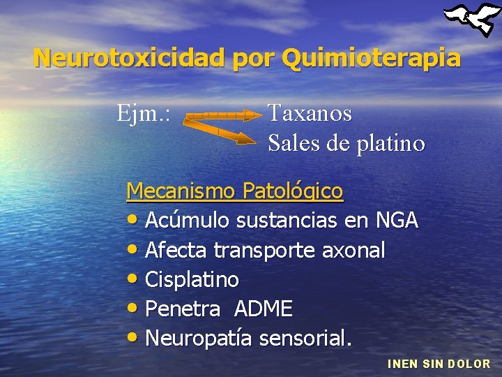 Neurotoxicidad por Quimioterapia Ejm. : Taxanos Sales de platino Mecanismo Patológico • Acúmulo sustancias