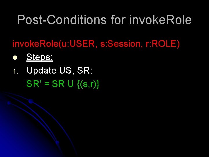 Post-Conditions for invoke. Role(u: USER, s: Session, r: ROLE) l Steps: 1. Update US,