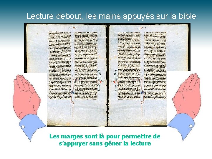 Lecture debout, les mains appuyés sur la bible Les marges sont là pour permettre