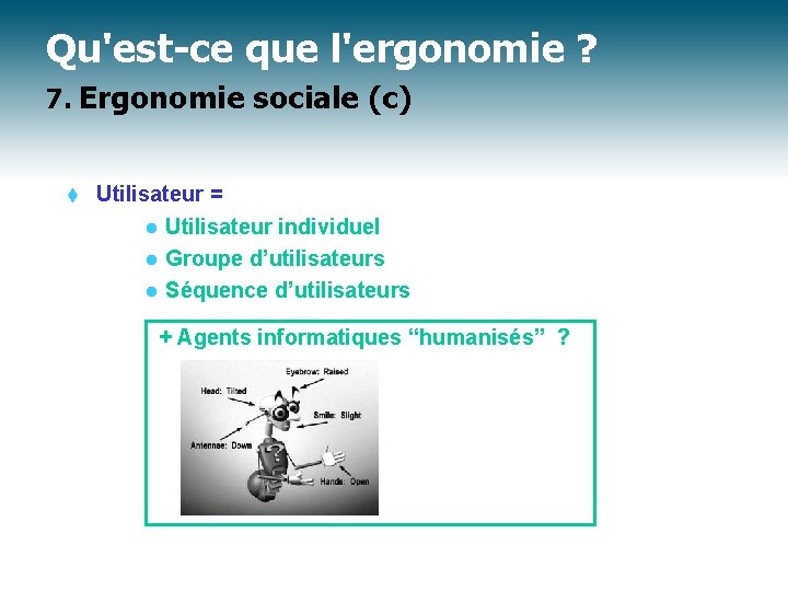 Qu'est-ce que l'ergonomie ? 7. Ergonomie sociale (c) t Utilisateur = l Utilisateur individuel