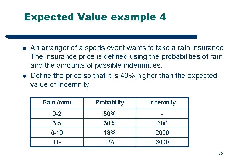 Expected Value example 4 l l An arranger of a sports event wants to