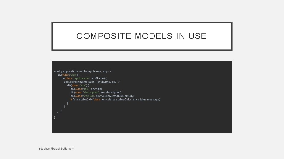 COMPOSITE MODELS IN USE config. applications. each { app. Name, app -> div(class: 'app')