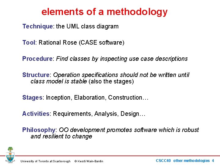 elements of a methodology Technique: the UML class diagram Tool: Rational Rose (CASE software)