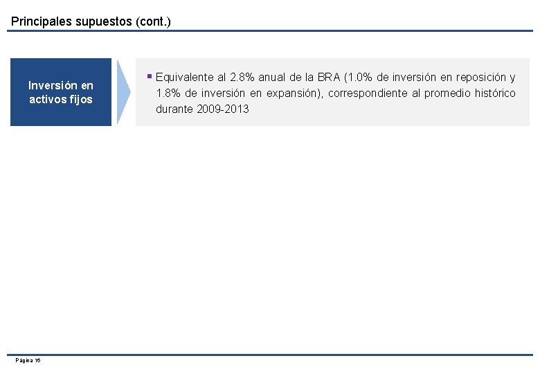 Principales supuestos (cont. ) Inversión en activos fijos Página 16 § Equivalente al 2.