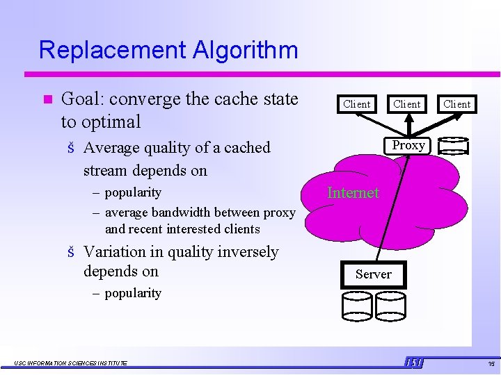 Replacement Algorithm n Goal: converge the cache state to optimal Š Variation in quality