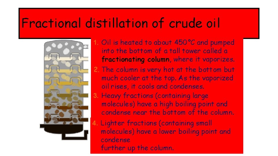 Fractional distillation of crude oil 1. Oil is heated to about 450 °C and