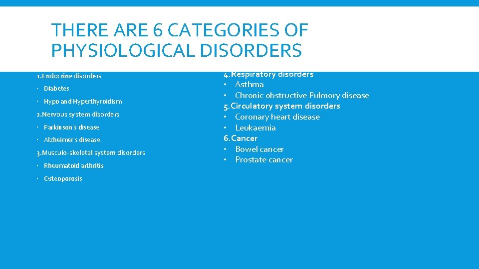 THERE ARE 6 CATEGORIES OF PHYSIOLOGICAL DISORDERS 1. Endocrine disorders Diabetes Hypo and Hyperthyroidism