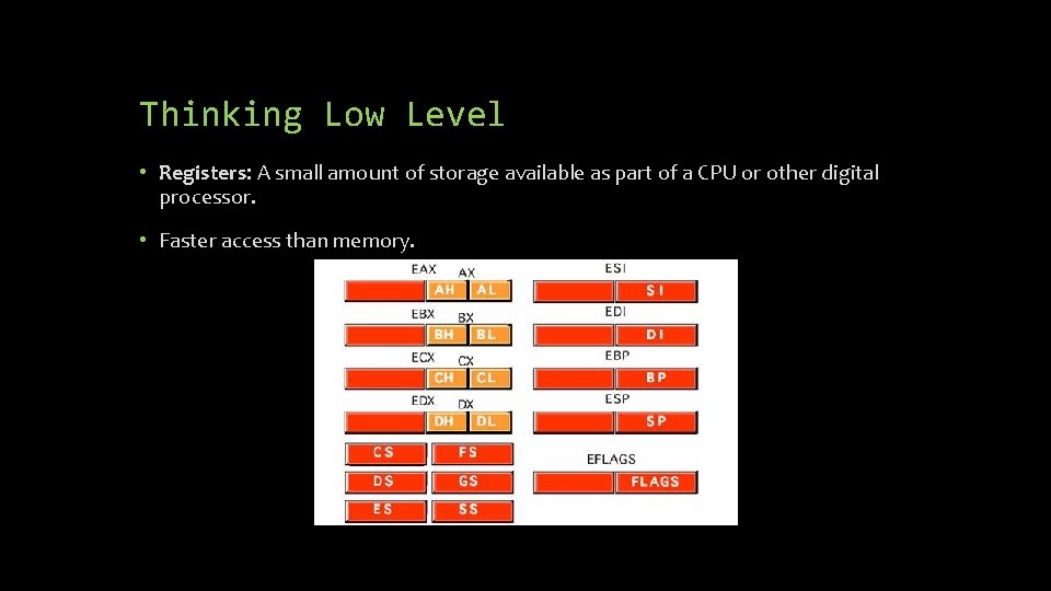 Thinking Low Level • Registers: A small amount of storage available as part of