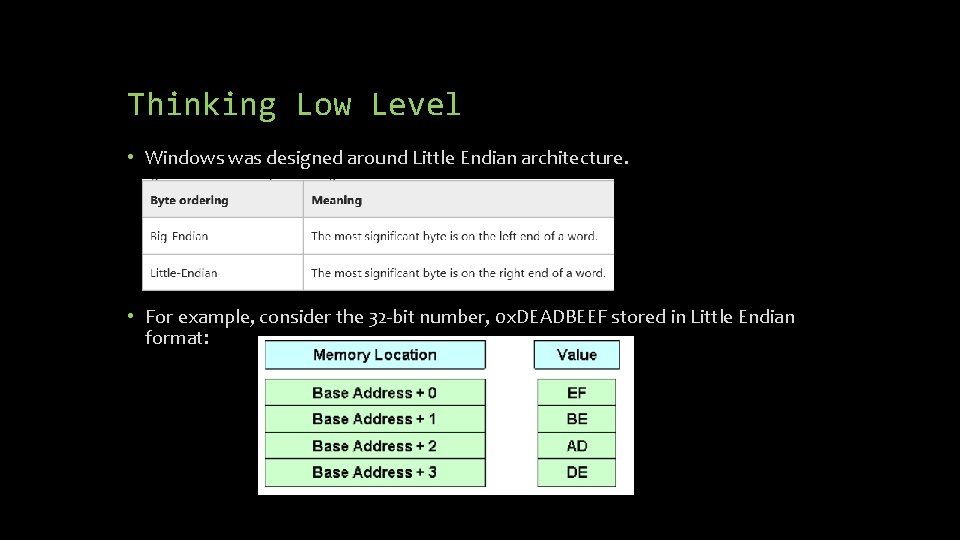 Thinking Low Level • Windows was designed around Little Endian architecture. • For example,