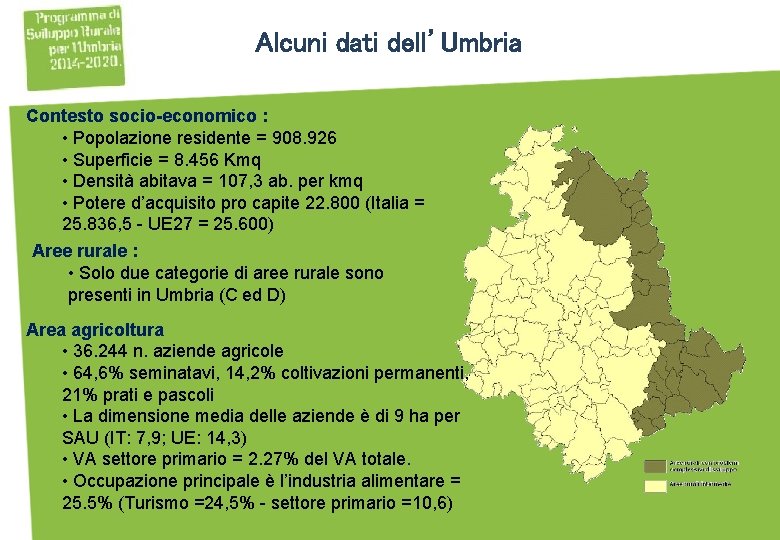 Alcuni dati dell’Umbria Contesto socio-economico : • Popolazione residente = 908. 926 • Superficie