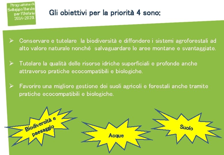 Gli obiettivi per la priorità 4 sono: Ø Conservare e tutelare la biodiversità e