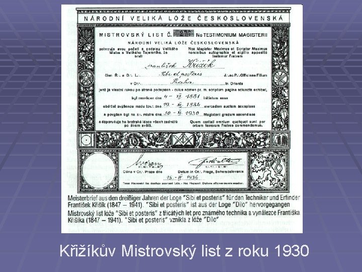 Křižíkův Mistrovský list z roku 1930 